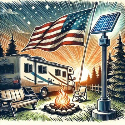 Hand-drawn sketch-style illustration of an RV campsite with a solar flagpole light illuminating an American flag under a starry sky