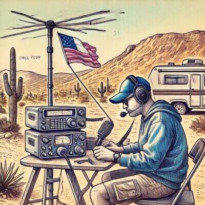 Amateur Radio Operator at Yuma AZ Hamfest operating a portable ham radio station in the desert with a 31-foot fiberglass antenna mast mounted on an RV.