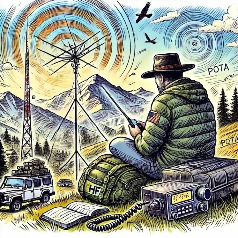 Hand-drawn sketch of a ham radio operator on a mountain summit with portable gear, antenna mast, and scenic wilderness backdrop.