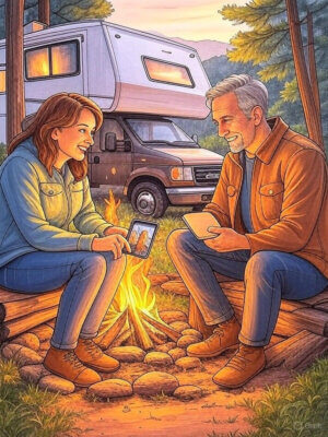 Middle-aged couple camping in the forest beside an RV, sitting by a campfire while using tablets—symbolizing modern tech use in nature.
