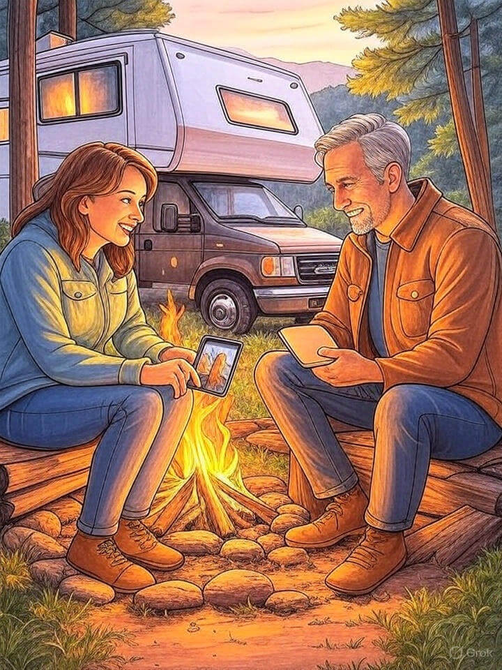 Middle-aged couple camping in the forest beside an RV, sitting by a campfire while using tablets—symbolizing modern tech use in nature.