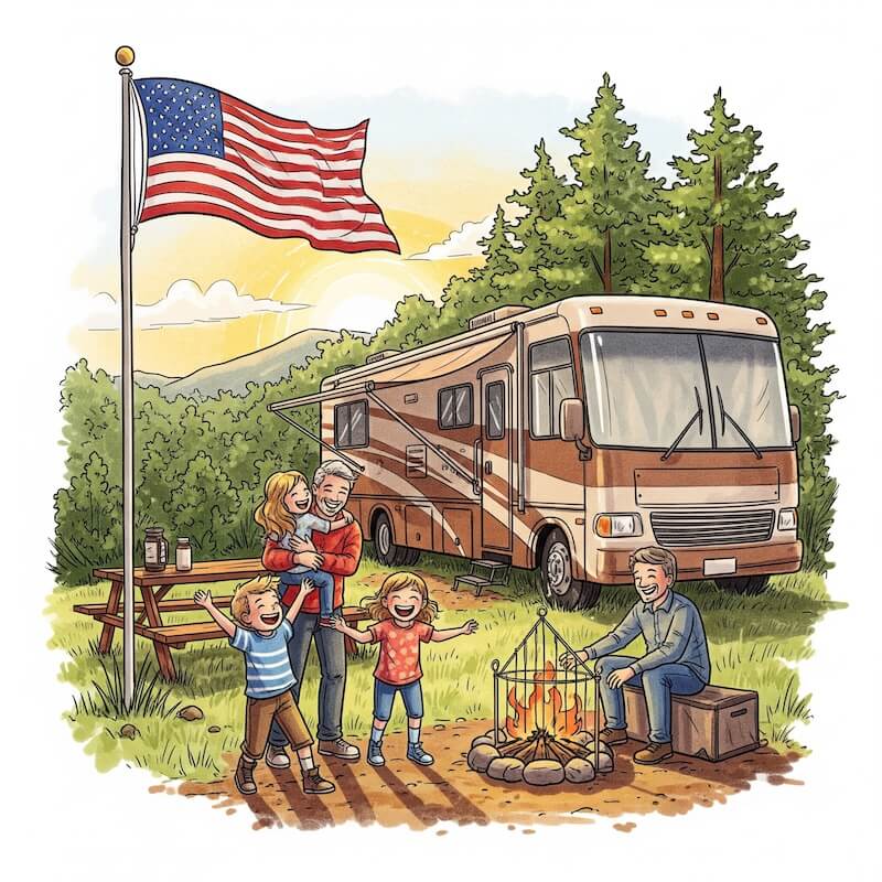A color sketch of a happy family enjoying their campsite next to their RV, with a tall, non-collapsing RV flagpole flying the American flag.