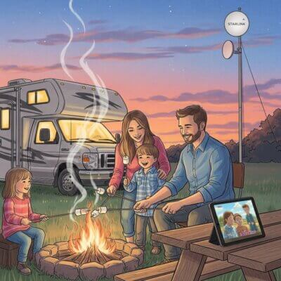 A family enjoying a campfire next to their RV while a movie streams on a tablet, demonstrating a reliable Starlink RV internet setup.