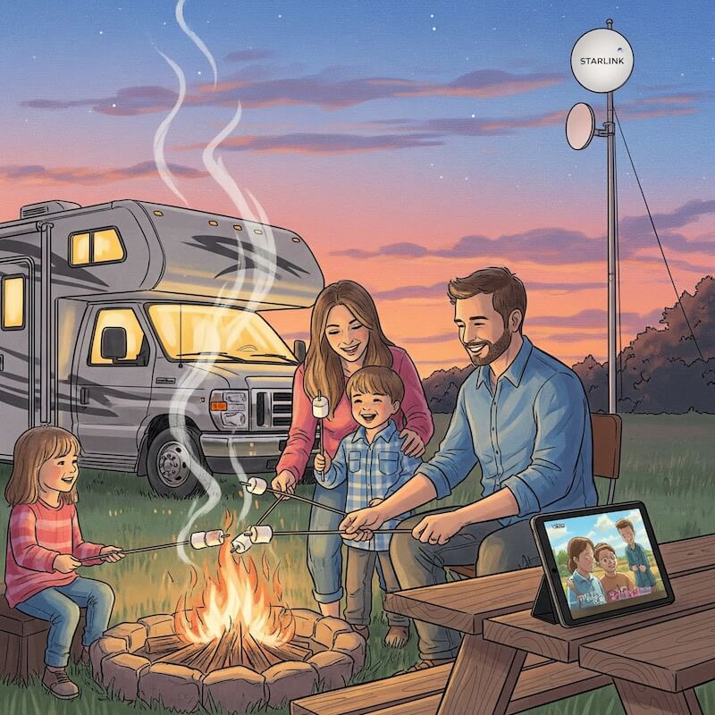 A family enjoying a campfire next to their RV while a movie streams on a tablet, demonstrating a reliable Starlink RV internet setup.