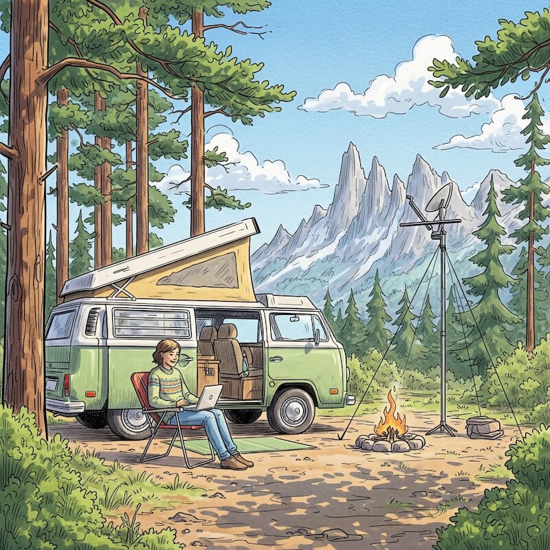 A hand-drawn sketch of a person camping in a van in the mountains, happily using a laptop thanks to a clear internet signal from their Starlink dish, which is elevated on a tall pole mount next to their campsite.