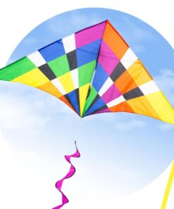 The HQ DELTA RAINBOW CHECKER 2M kite flying in a blue sky with clouds, framed in a circle.