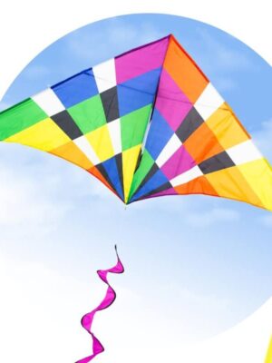 The HQ DELTA RAINBOW CHECKER 2M kite flying in a blue sky with clouds, framed in a circle.