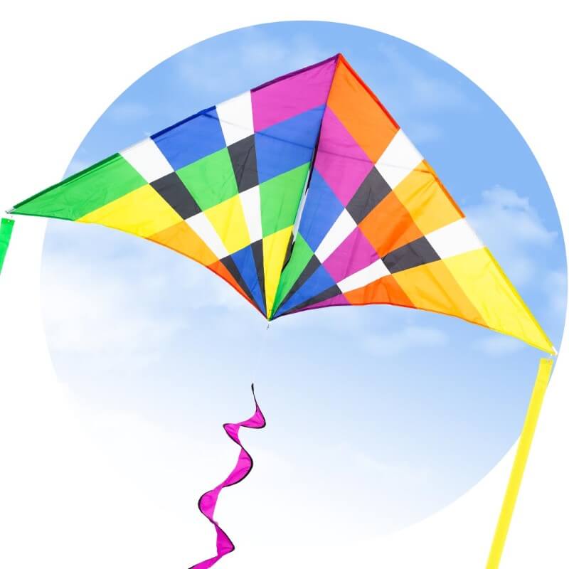 The HQ DELTA RAINBOW CHECKER 2M kite flying in a blue sky with clouds, framed in a circle.