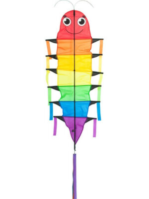 The rainbow-colored HQ Flapping Willie Worm kite flying in a blue sky with fluffy white clouds.