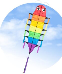 Full product shot of the HQ Flapping Willie Worm kite, its packaging, and the included red winder handle.