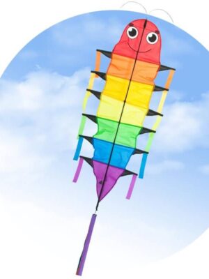 Full product shot of the HQ Flapping Willie Worm kite, its packaging, and the included red winder handle.