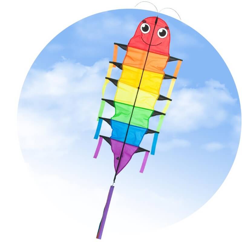 Full product shot of the HQ Flapping Willie Worm kite, its packaging, and the included red winder handle.