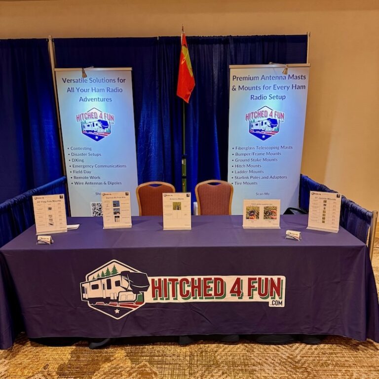 The Hitched4fun.com vendor booth at Pacificon, showcasing banners for versatile ham radio solutions and premium antenna masts and mounts.