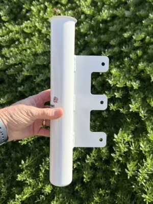 Side view of a white powder-coated RV Flag Pole Ramp Mount with a triple-bolt mounting bracket.