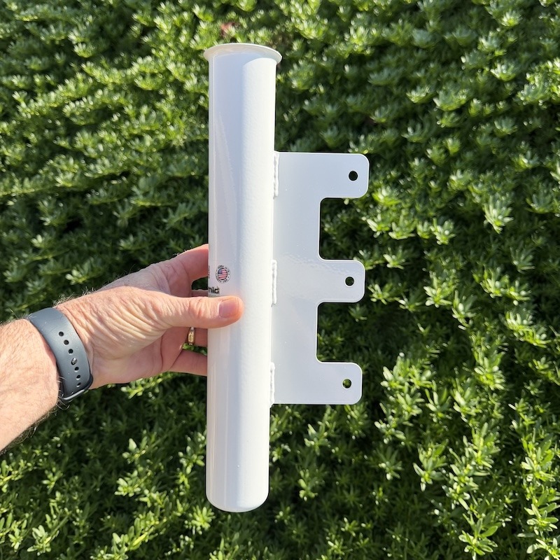 Side view of a white powder-coated RV Flag Pole Ramp Mount with a triple-bolt mounting bracket.