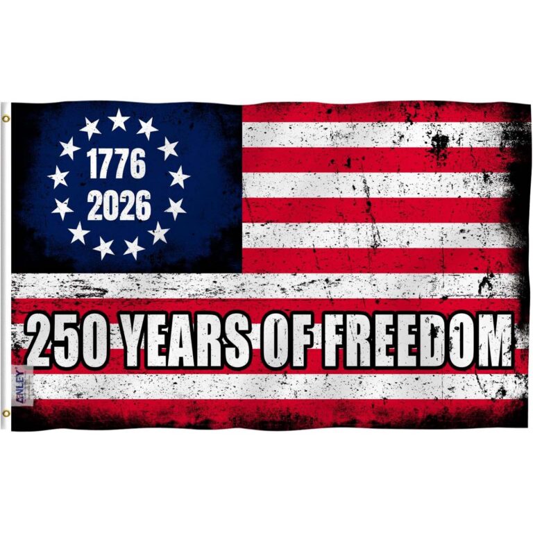 Distressed American flag with a 13-star circle canton containing 1776 and 2026, and a banner reading 250 YEARS OF FREEDOM.