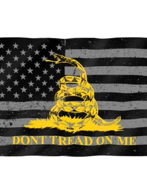 Distressed black and grey American flag featuring a coiled yellow Gadsden rattlesnake and the text DONT TREAD ON ME.