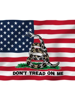 Standard American flag stars and stripes overlaid with a coiled yellow Gadsden rattlesnake and the text DON'T TREAD ON ME.