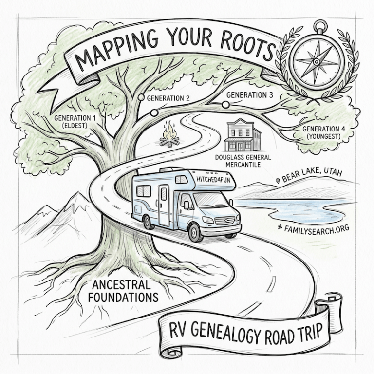 A hand-drawn sketch combining an RV journey with a four-generation family tree, illustrating an RV genealogy road trip for Hitched4fun.