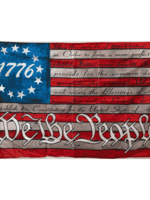 Distressed American flag with a 13-star circle around 1776 in the canton, the script text of the Constitution Preamble written across the stripes, and a large calligraphic We the People headline across the bottom.