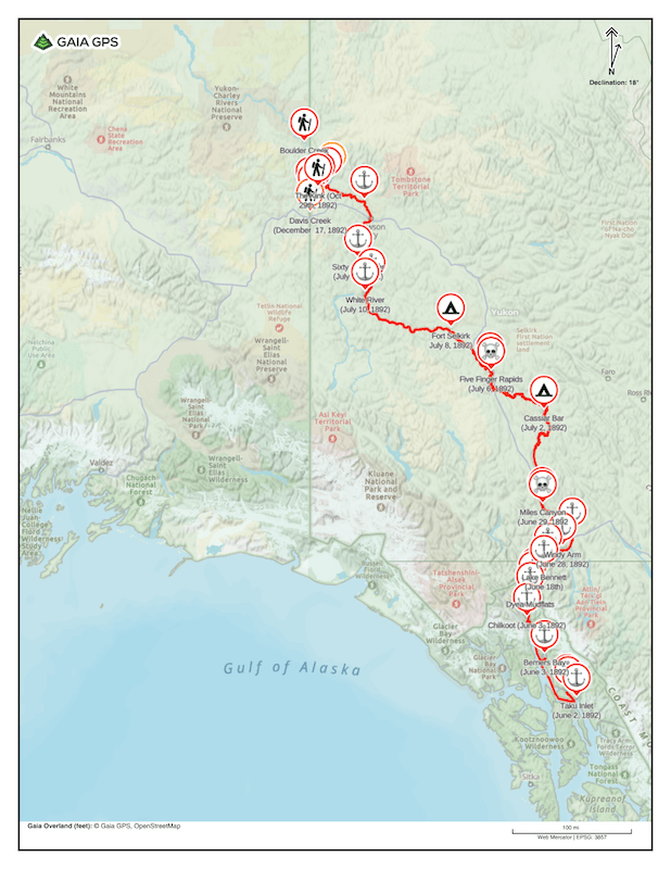 GAIA GPS map detailing a 700-mile 1892 Alaskan pioneer history route from Juneau into the Yukon wilderness.