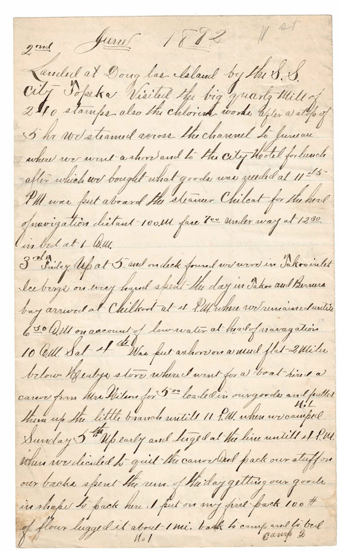The original handwritten first page of Thomas R. Bennington's 1892 journal detailing Alaskan pioneer history, starting with his arrival on June 2nd.