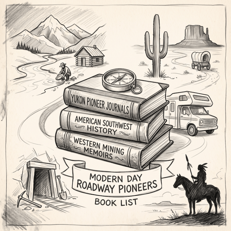 A pencil sketch illustration of the best books about the American frontier, featuring a stack of history journals, a compass, an RV, and frontier scenes including a Yukon prospector, a western mine, and a Native American warrior.