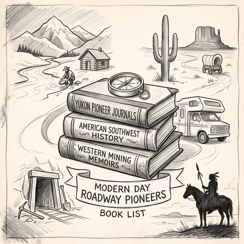 A pencil sketch illustration of the best books about the American frontier, featuring a stack of history journals, a compass, an RV, and frontier scenes including a Yukon prospector, a western mine, and a Native American warrior.