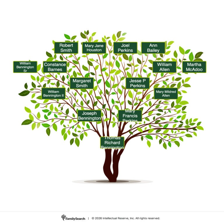 FamilySearch family tree chart tracking gold rush genealogy for pioneer Thomas R. Bennington