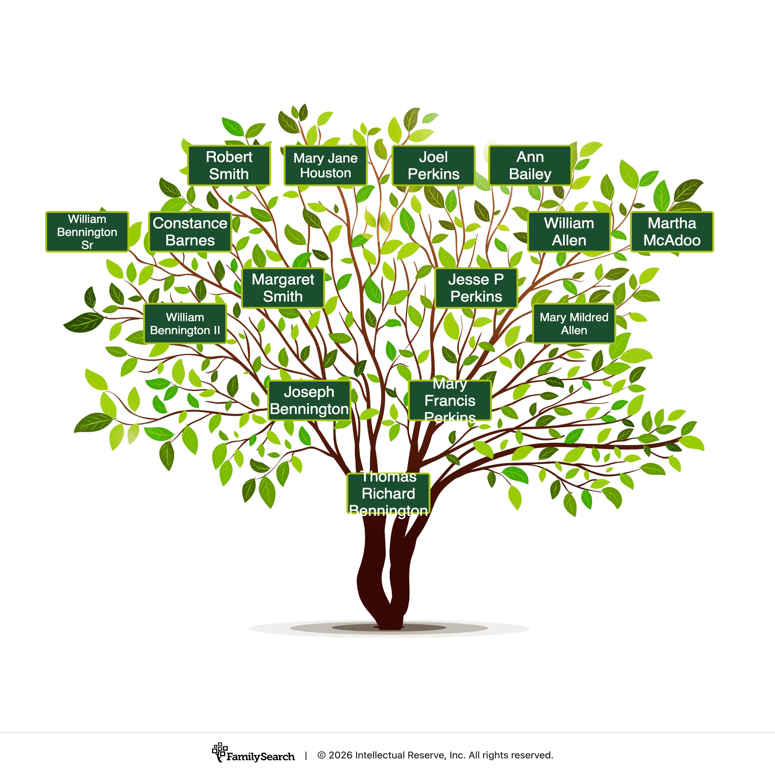 FamilySearch family tree chart tracking gold rush genealogy for pioneer Thomas R. Bennington