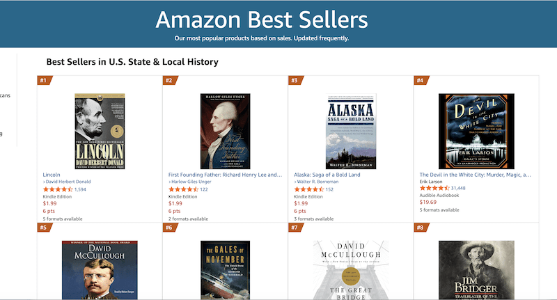 Amazon Best Sellers chart header for U.S. State and Local History featuring top history publications.