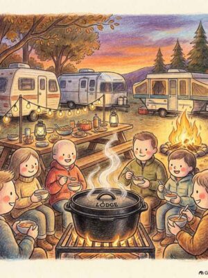 A large group camping Dutch oven serving as the steaming centerpiece of a campground potluck picnic table with motorhomes parked nearby