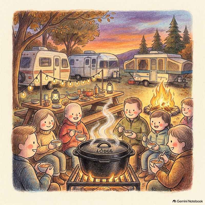 A large group camping Dutch oven serving as the steaming centerpiece of a campground potluck picnic table with motorhomes parked nearby