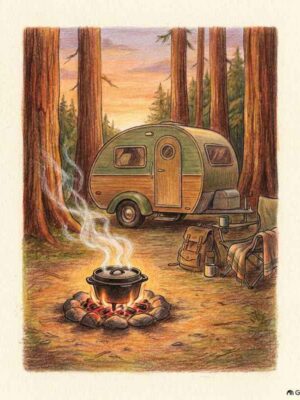A small camping Dutch oven set sitting on glowing red campfire embers next to a compact teardrop trailer in a redwood forest campsite
