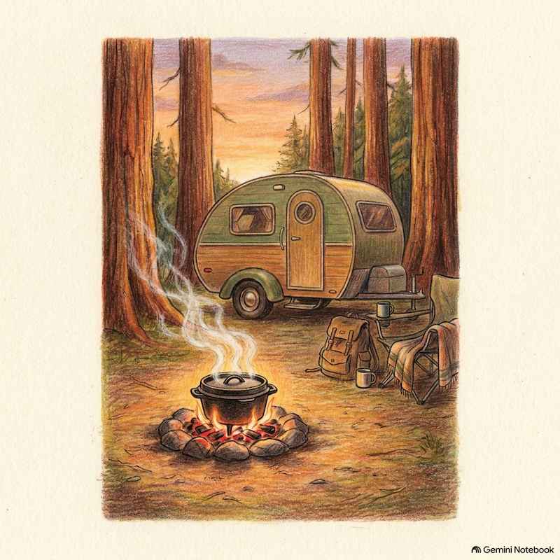 A small camping Dutch oven set sitting on glowing red campfire embers next to a compact teardrop trailer in a redwood forest campsite