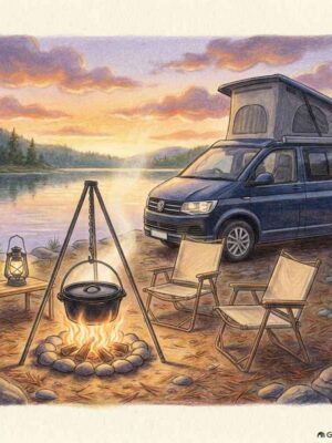 An RV campfire cooking kit with a ten-inch Lodge Dutch oven hanging from a tripod over a crackling fire next to a campervan at sunset