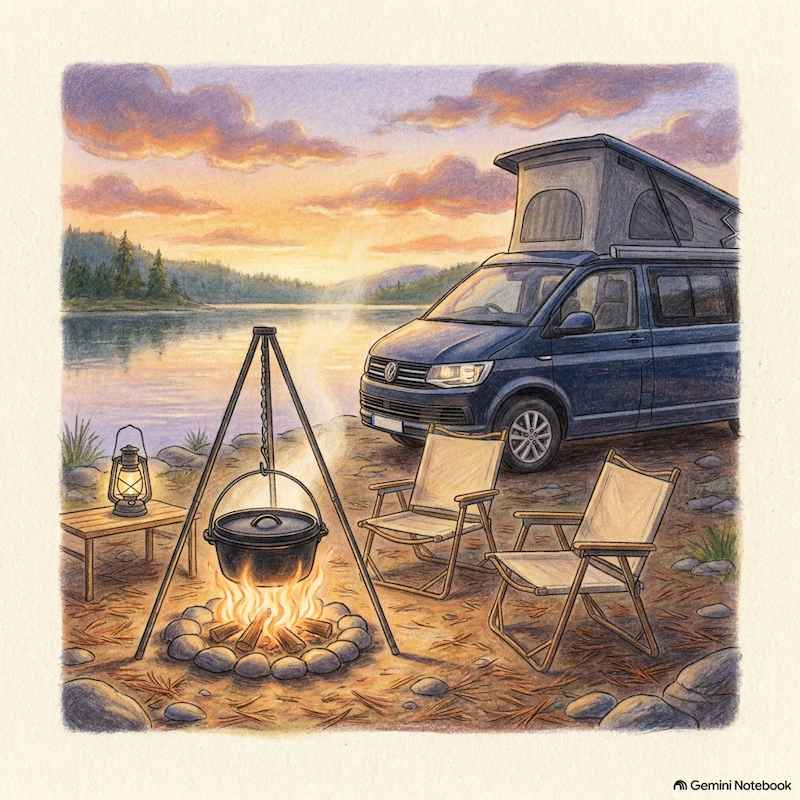 An RV campfire cooking kit with a ten-inch Lodge Dutch oven hanging from a tripod over a crackling fire next to a campervan at sunset
