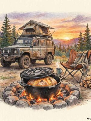 A deep camp Dutch oven bundle showing a ten-inch deep cast iron pot baking fresh sourdough bread over campfire coals next to an overlanding camper