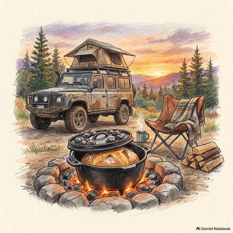 A deep camp Dutch oven bundle showing a ten-inch deep cast iron pot baking fresh sourdough bread over campfire coals next to an overlanding camper