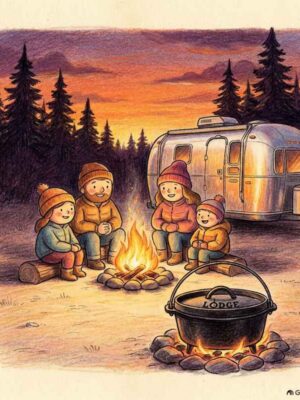 A family camping Dutch oven set cooking stew over a glowing campfire with parents and kids sitting around a travel trailer in a pine forest