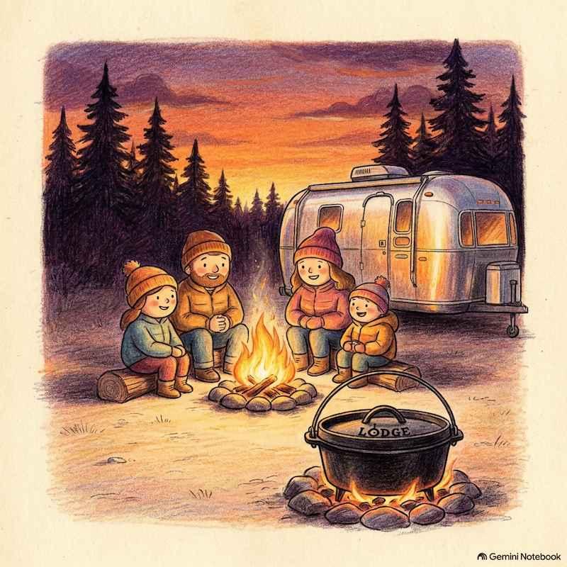 A family camping Dutch oven set cooking stew over a glowing campfire with parents and kids sitting around a travel trailer in a pine forest