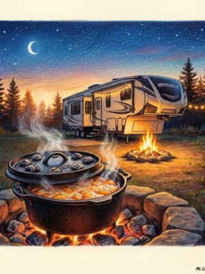 A deep 12 inch camp Dutch oven kit baking a bubbling peach cobbler next to a fifth-wheel trailer under a starry night sky
