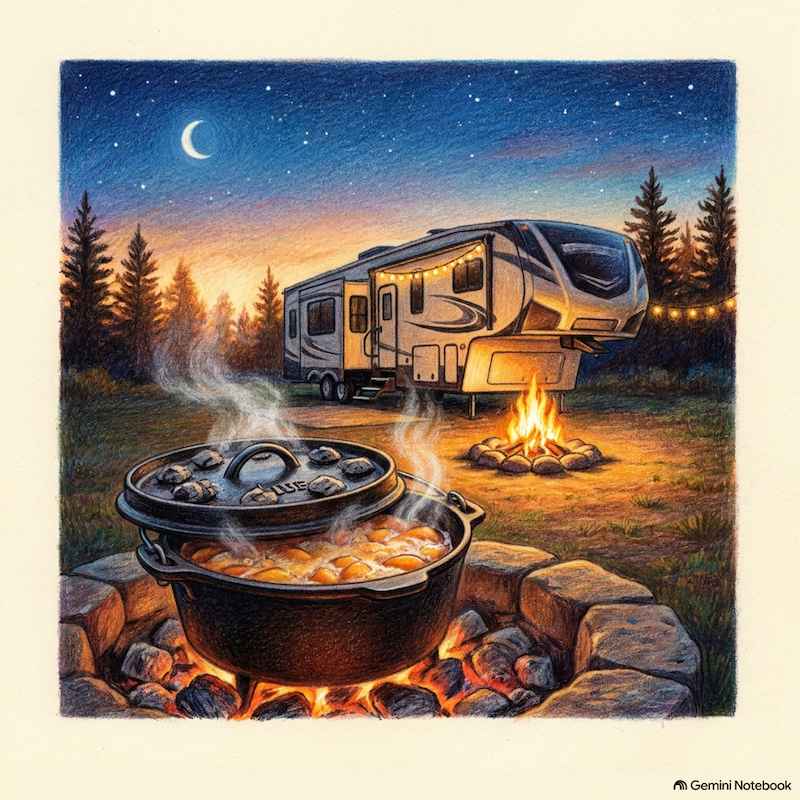 A deep 12 inch camp Dutch oven kit baking a bubbling peach cobbler next to a fifth-wheel trailer under a starry night sky