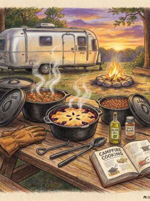 A warm full-color pencil drawing of a Lodge Cast Iron Camp Dutch Oven Starter Kit displayed on a rustic wood picnic table at a scenic RV campsite at sunset