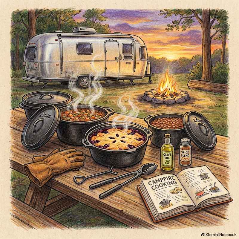A warm full-color pencil drawing of a Lodge Cast Iron Camp Dutch Oven Starter Kit displayed on a rustic wood picnic table at a scenic RV campsite at sunset