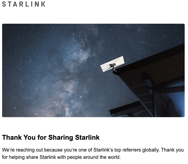 Screenshot of an official email from Starlink recognizing Hitched4fun as one of their top global referrers for RV satellite internet.